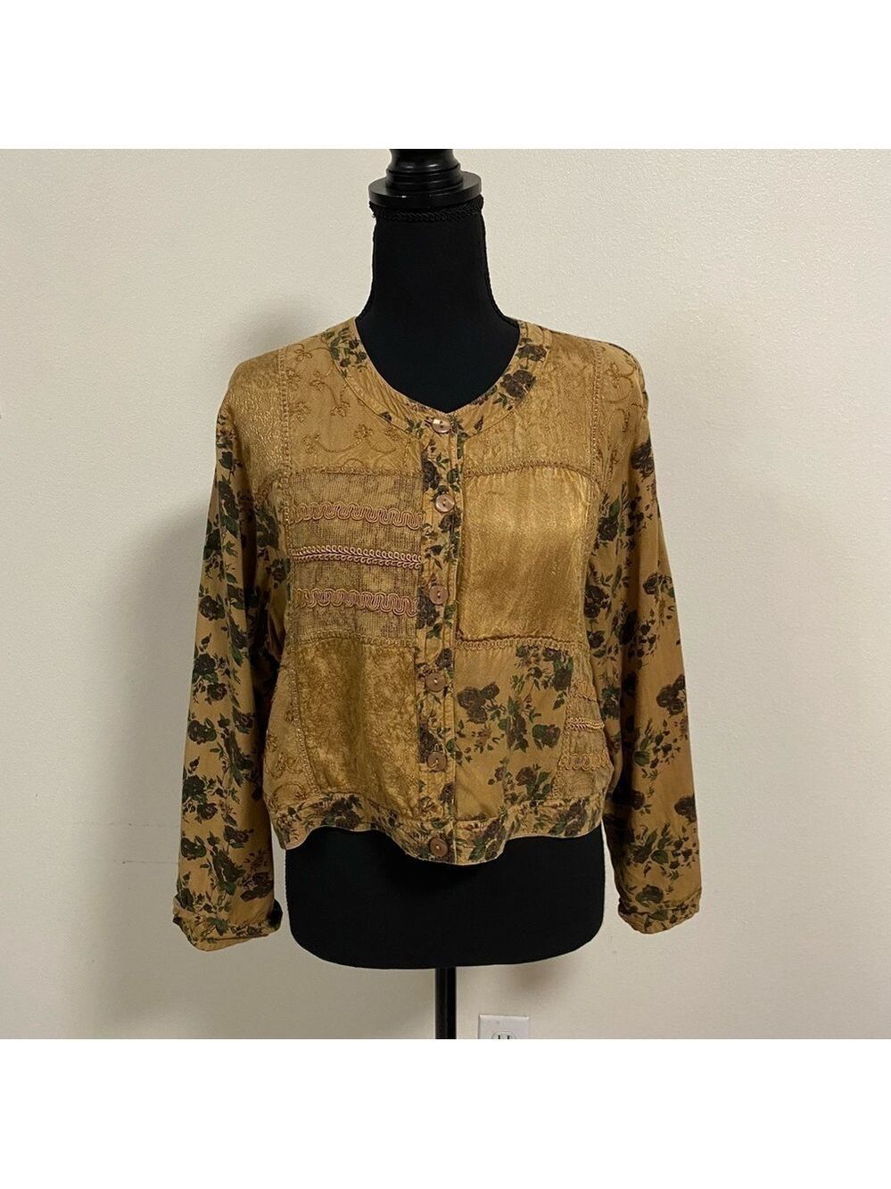 Country Wear Casual Button Jacket Brown Patchwork & Floral Size Petite Large